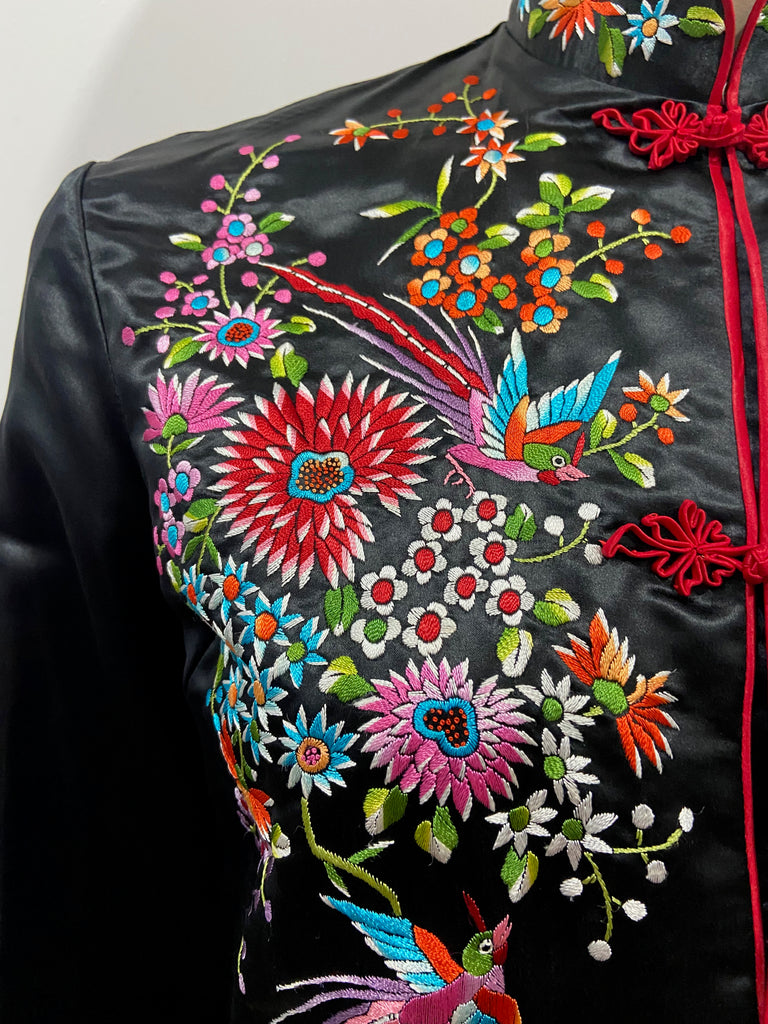 PLUM BLOSSOMS Black Multicolour Embroidered Chinese Kimono Blouse Jacket Top 36