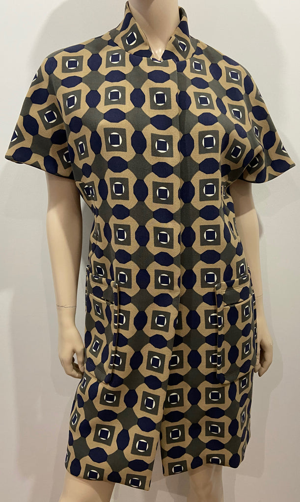 MARNI Beige Khaki & Cream Wool Geometric Print Short Sleeve Shirt Coat Dress 40