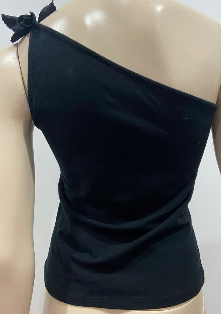 KEITA MARUYAMA Black Cotton Blend Red Printed One Shoulder Sleeveless Top S/M