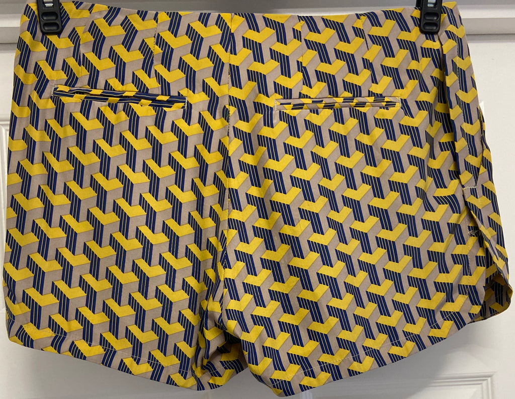 RAG & BONE  Beige Yellow & Blue Silk Satin Geometric Print Hotpants Shorts 4 UK8
