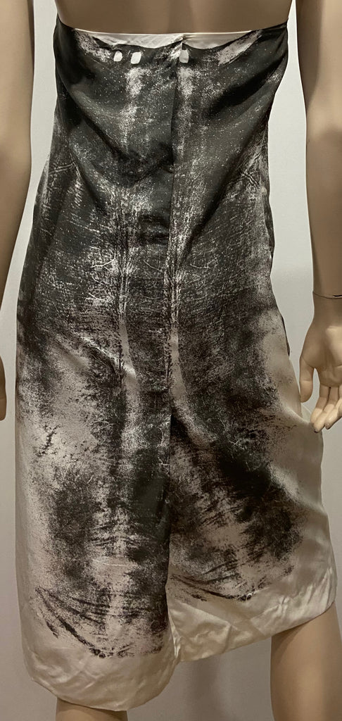 HELMUT LANG Cream & Charcoal Grey Abstract Print Strapless Sleeveless Dress UK12