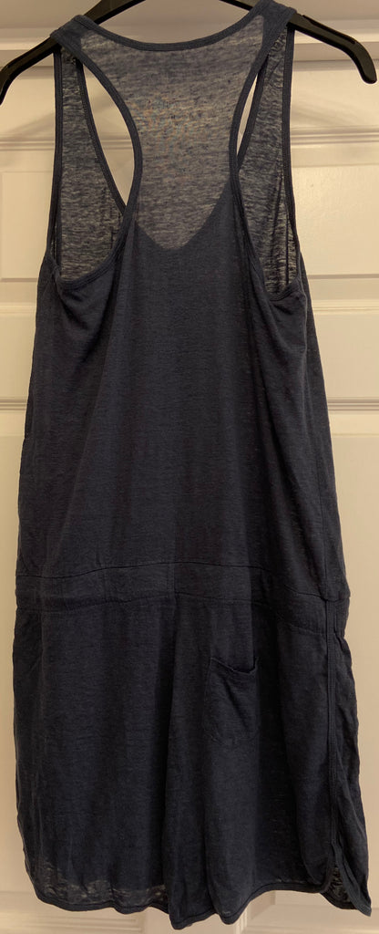 FINE COLLECTION Navy Blue 100% Linen Round Neck Sleeveless Romper Playsuit S
