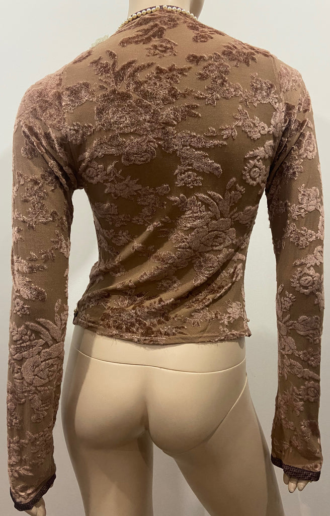 VOYAGE INVEST IN THE ORIGINAL Vintage Brown Floral Velvet Pearl Detail Cardigan