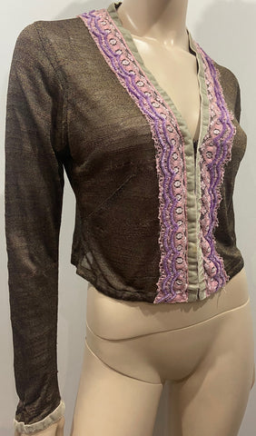 STEFAN GREEN Beige Cream Pink Cotton Blend Textured Knit Open Front Cardigan 3;