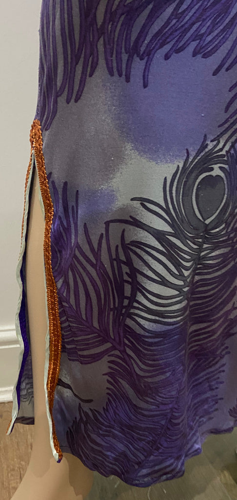 VOYAGE INVEST IN THE ORIGINAL Purple Silk Peacock Feather Print Long Maxi Skirt