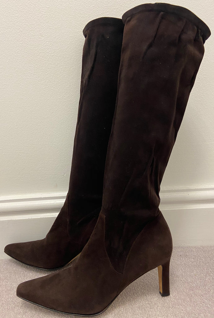 GINA Chocolate Brown Leather Suede Pointed Toe Knee High Stiletto Heel Boots 6.5