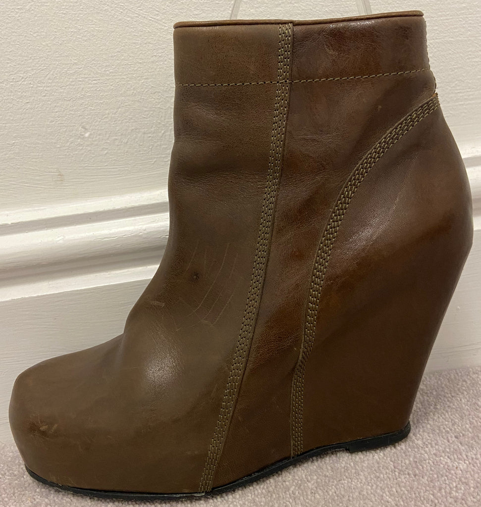 RICK OWENS Women's Brown Leather Concealed Platform Wedge Ankle Boots 39 UK6