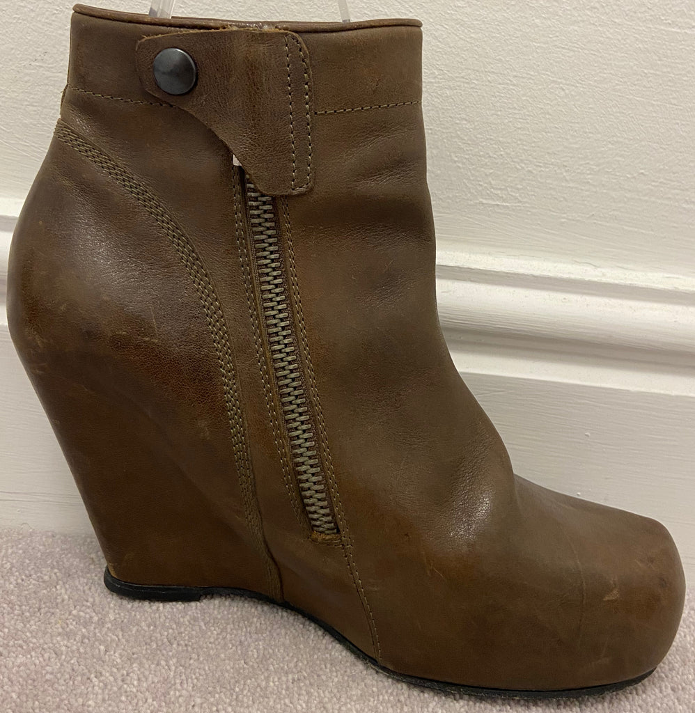 RICK OWENS Women's Brown Leather Concealed Platform Wedge Ankle Boots 39 UK6
