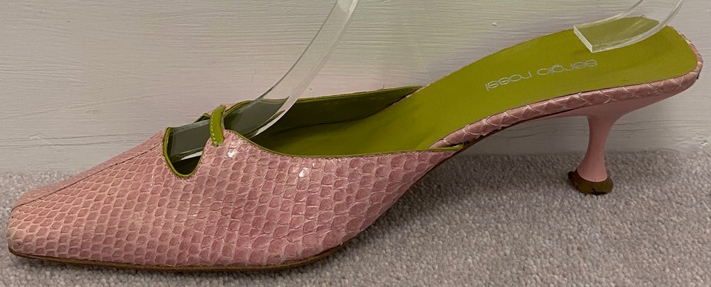 SERGIO ROSSI Pink Green Leather Slip On Square Toe Kitten Heel Mules Shoes 39