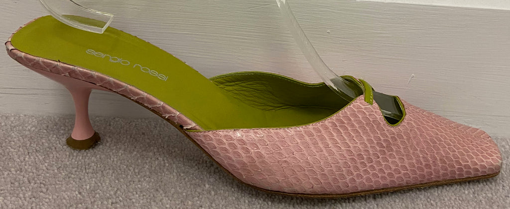 SERGIO ROSSI Pink Green Leather Slip On Square Toe Kitten Heel Mules Shoes 39